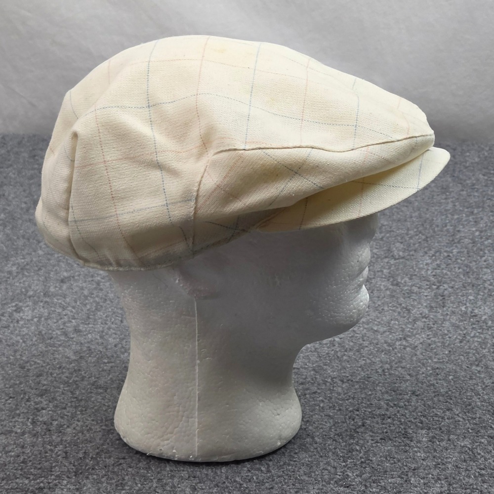 Vintage Newsboy Cap Mens XL Cream Plaid Windowpane Patina Flat Ivy Hat Made USA - Picture 4 of 9